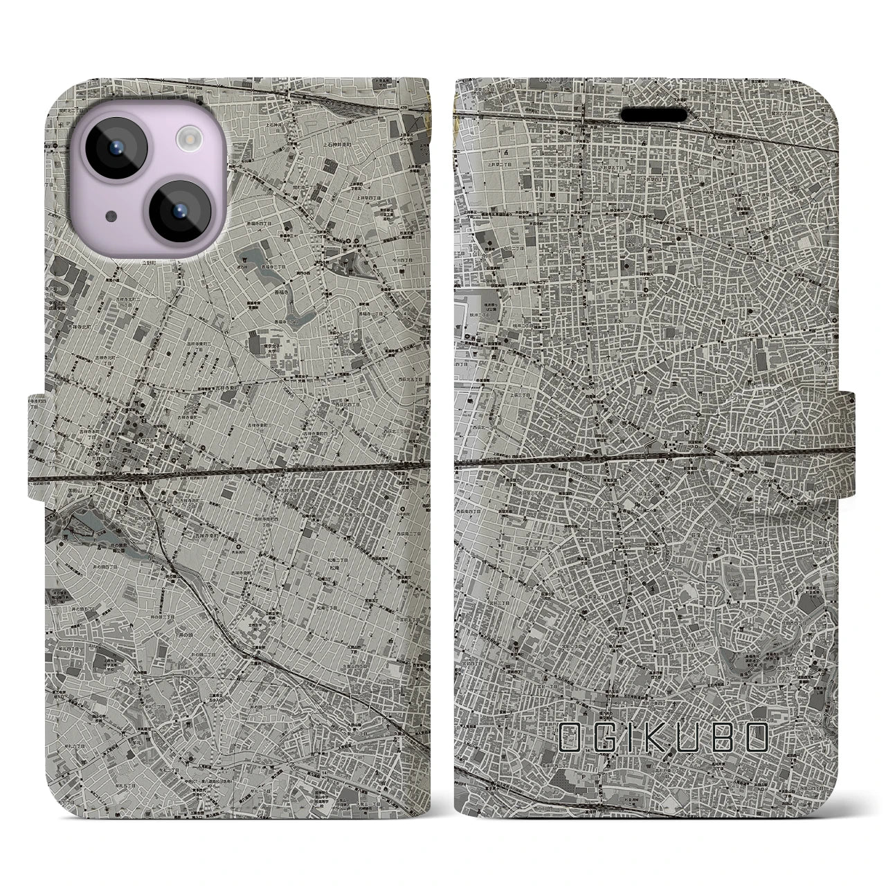【荻窪2(東京都)】地図柄iPhoneケース(手帳タイプ)モノトーン・iPhone 14 用
