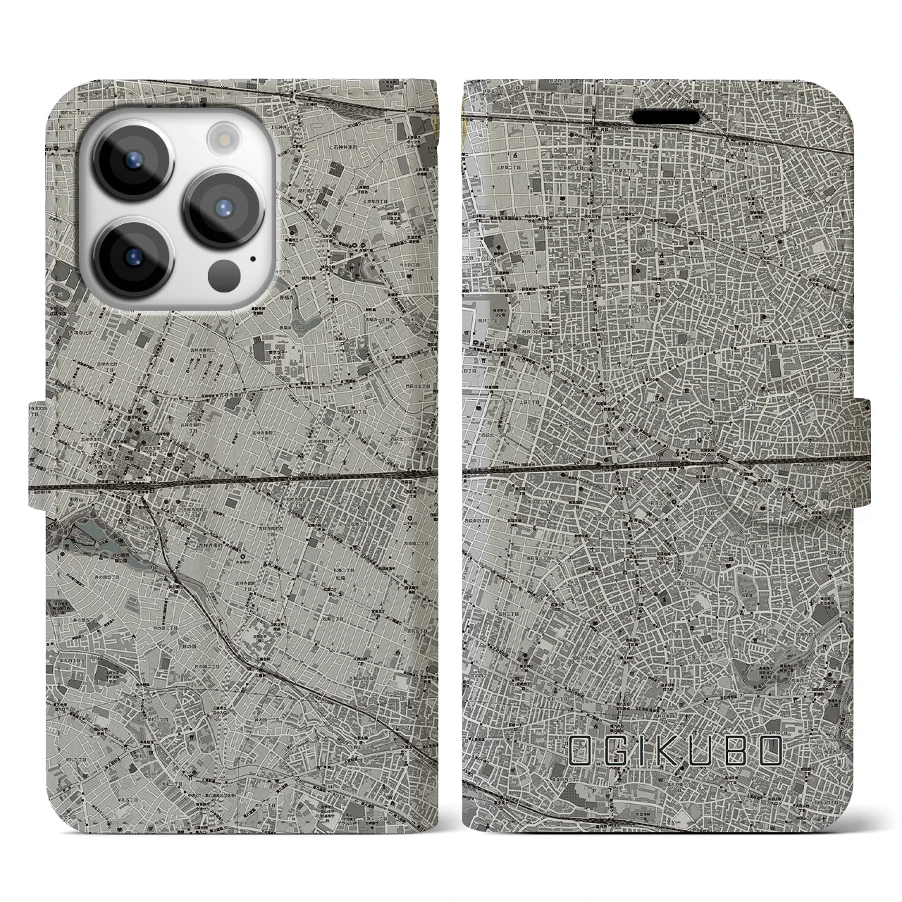 【荻窪2(東京都)】地図柄iPhoneケース(手帳タイプ)モノトーン・iPhone 14 Pro 用