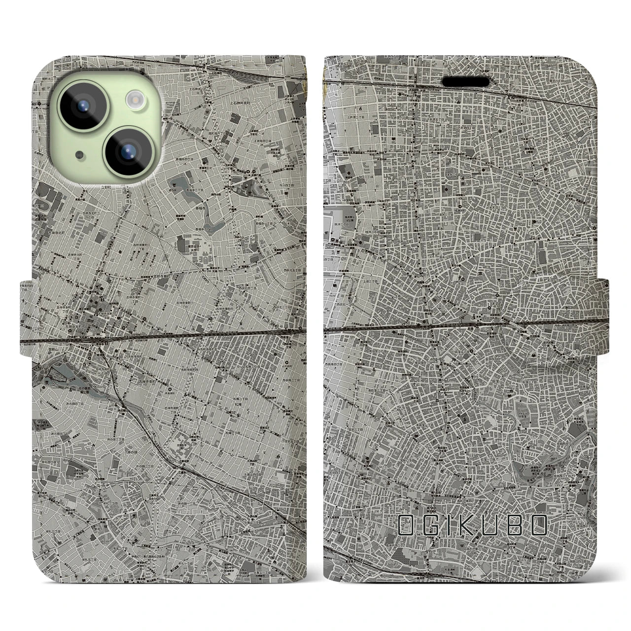 【荻窪2(東京都)】地図柄iPhoneケース(手帳タイプ)モノトーン・iPhone 15 用