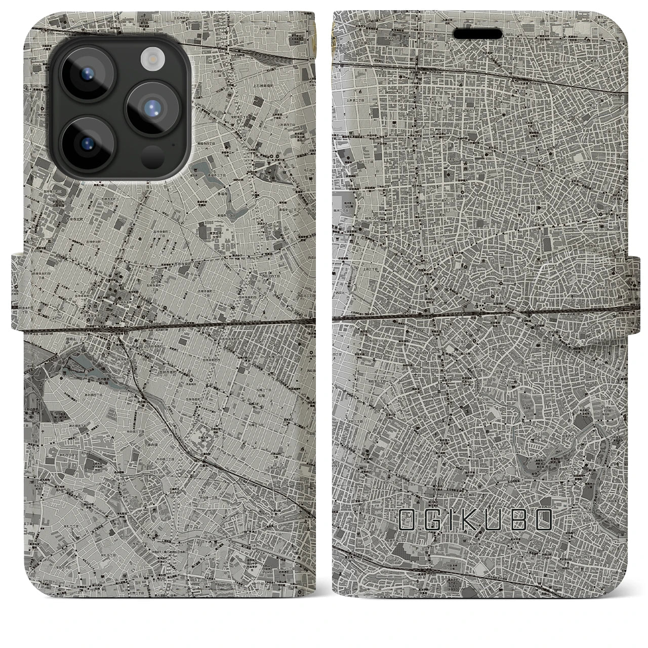 【荻窪2(東京都)】地図柄iPhoneケース(手帳タイプ)モノトーン・iPhone 15 Pro Max 用