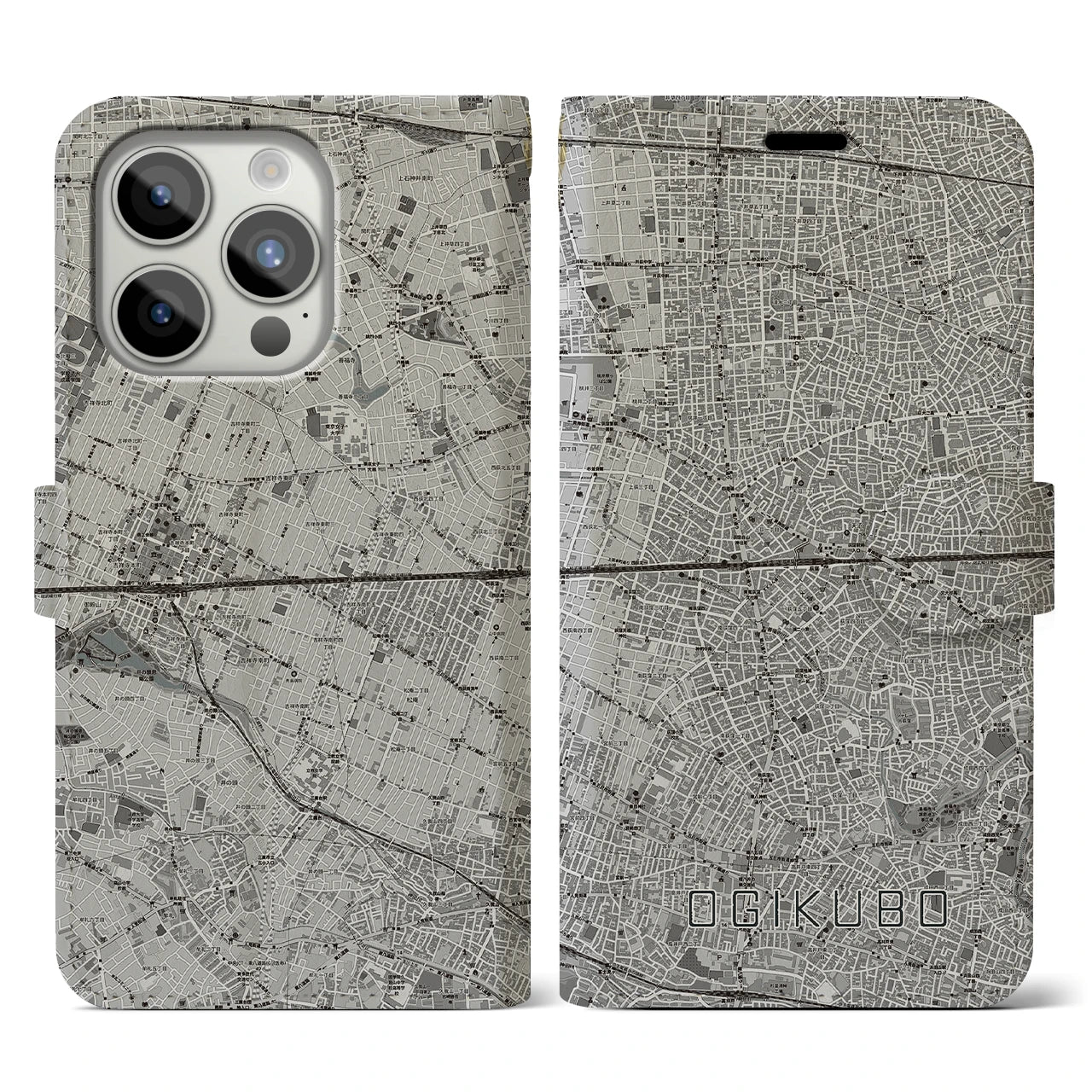 【荻窪2(東京都)】地図柄iPhoneケース(手帳タイプ)モノトーン・iPhone 15 Pro 用