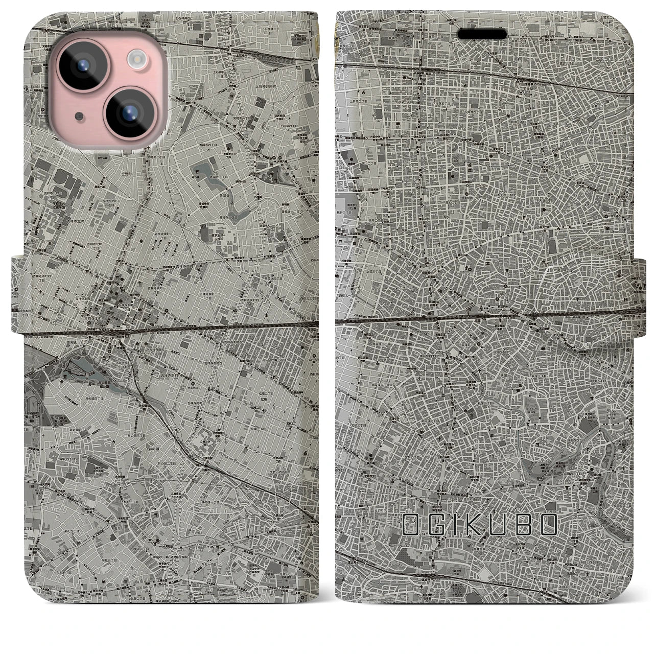 【荻窪2(東京都)】地図柄iPhoneケース(手帳タイプ)モノトーン・iPhone 15 Plus 用