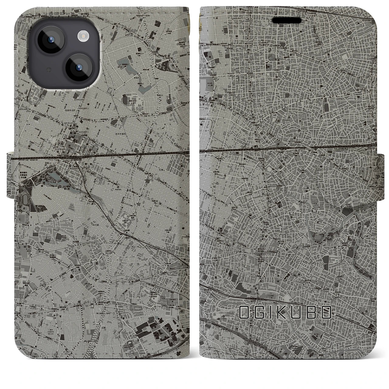 【荻窪(東京都)】地図柄iPhoneケース(手帳タイプ)モノトーン・iPhone 14 Plus 用