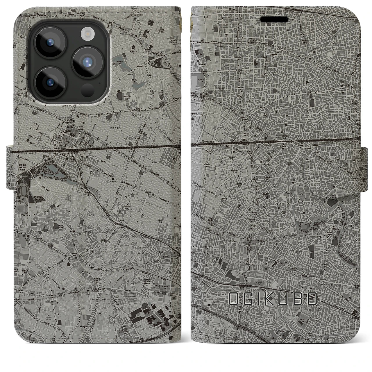 【荻窪(東京都)】地図柄iPhoneケース(手帳タイプ)モノトーン・iPhone 15 Pro Max 用