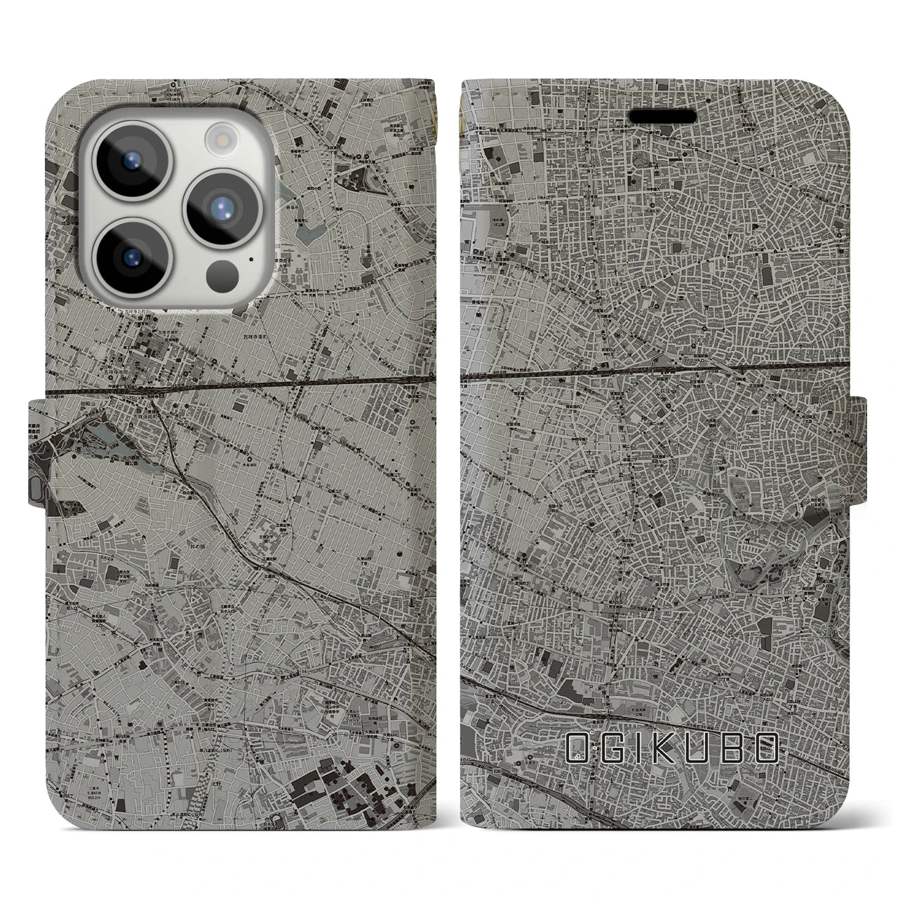 【荻窪(東京都)】地図柄iPhoneケース(手帳タイプ)モノトーン・iPhone 15 Pro 用