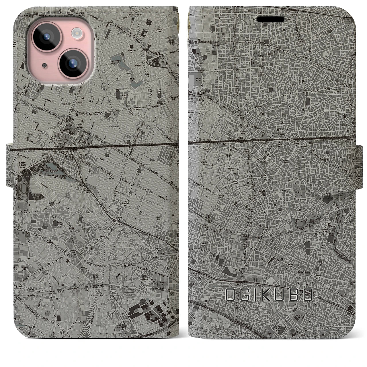 【荻窪(東京都)】地図柄iPhoneケース(手帳タイプ)モノトーン・iPhone 15 Plus 用