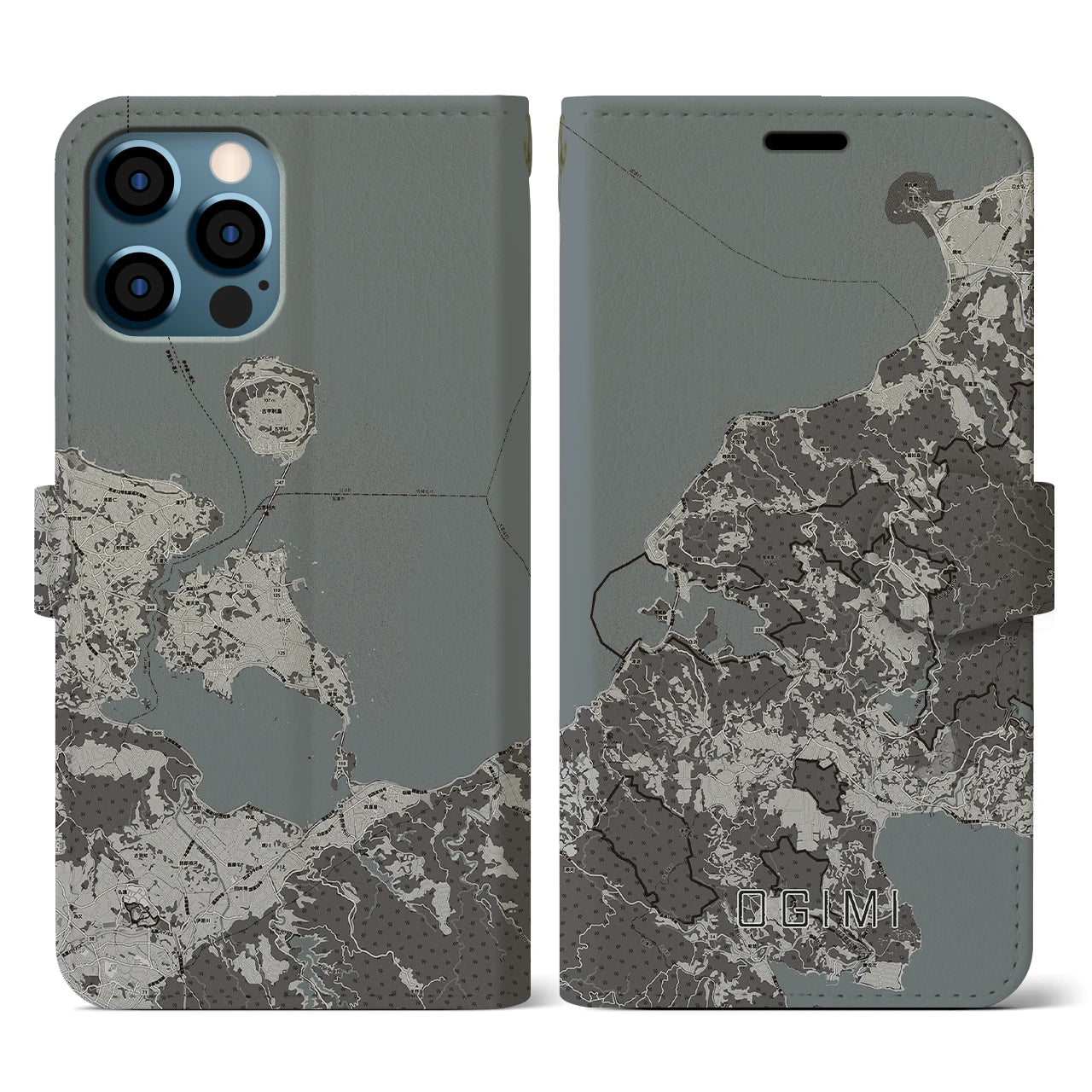 【大宜味(沖縄県)】地図柄iPhoneケース(手帳タイプ)モノトーン・iPhone 12 / 12 Pro 用