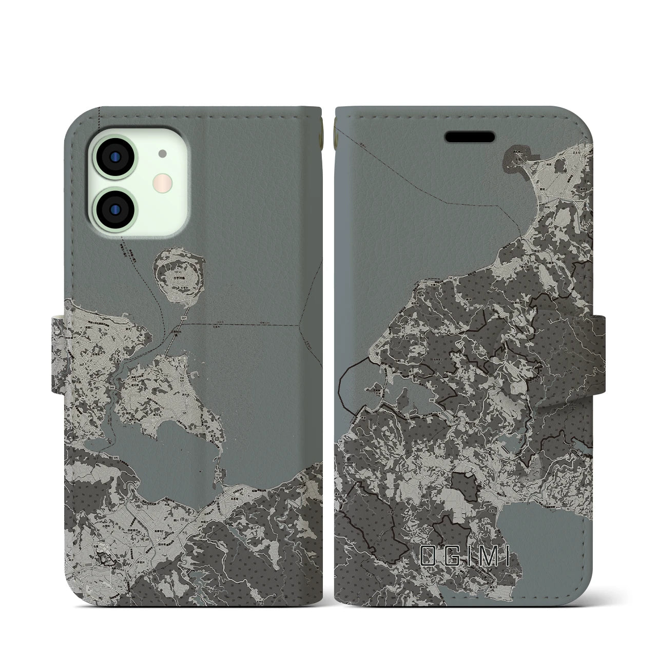 【大宜味(沖縄県)】地図柄iPhoneケース(手帳タイプ)モノトーン・iPhone 12 mini 用
