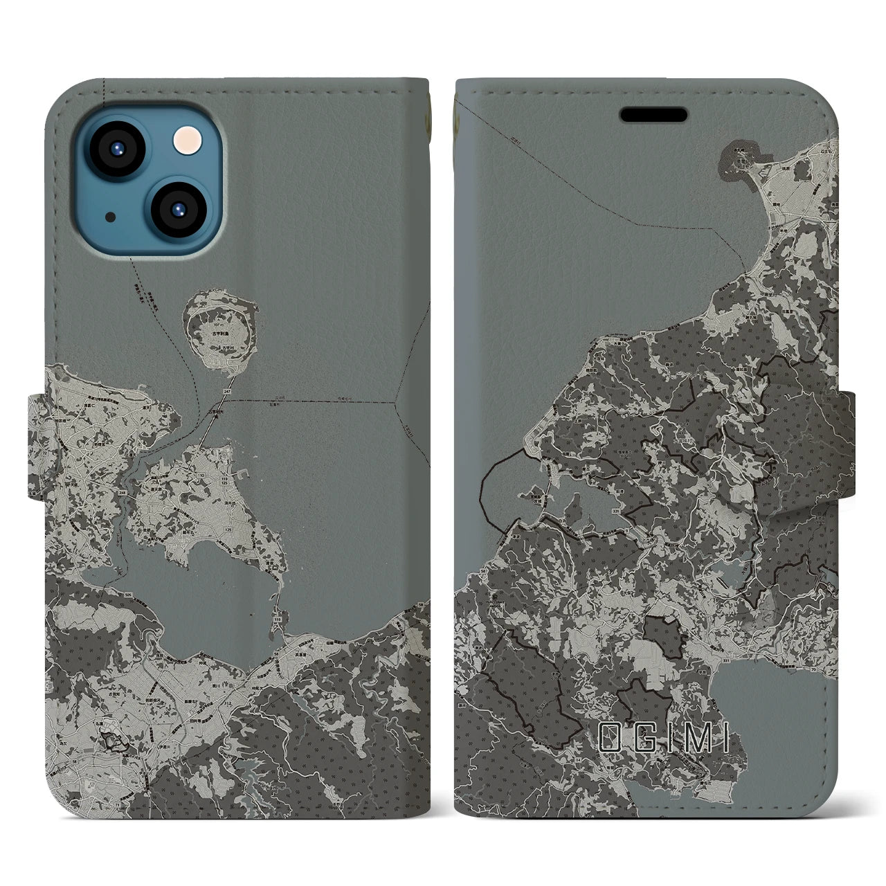 【大宜味(沖縄県)】地図柄iPhoneケース(手帳タイプ)モノトーン・iPhone 13 用
