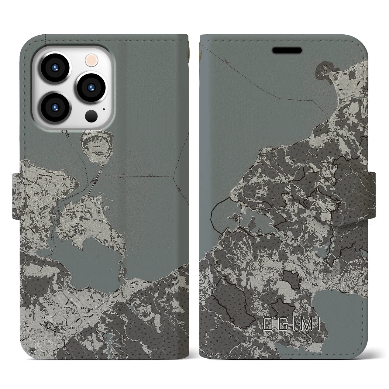 【大宜味(沖縄県)】地図柄iPhoneケース(手帳タイプ)モノトーン・iPhone 13 Pro 用