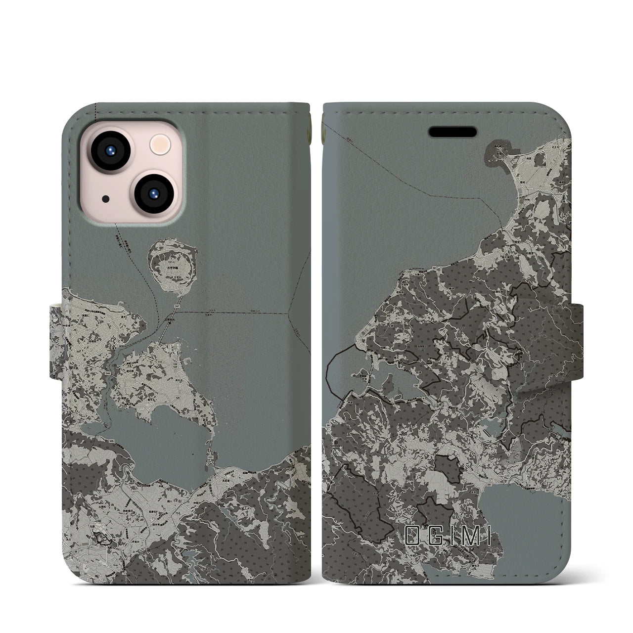 【大宜味(沖縄県)】地図柄iPhoneケース(手帳タイプ)モノトーン・iPhone 13 mini 用