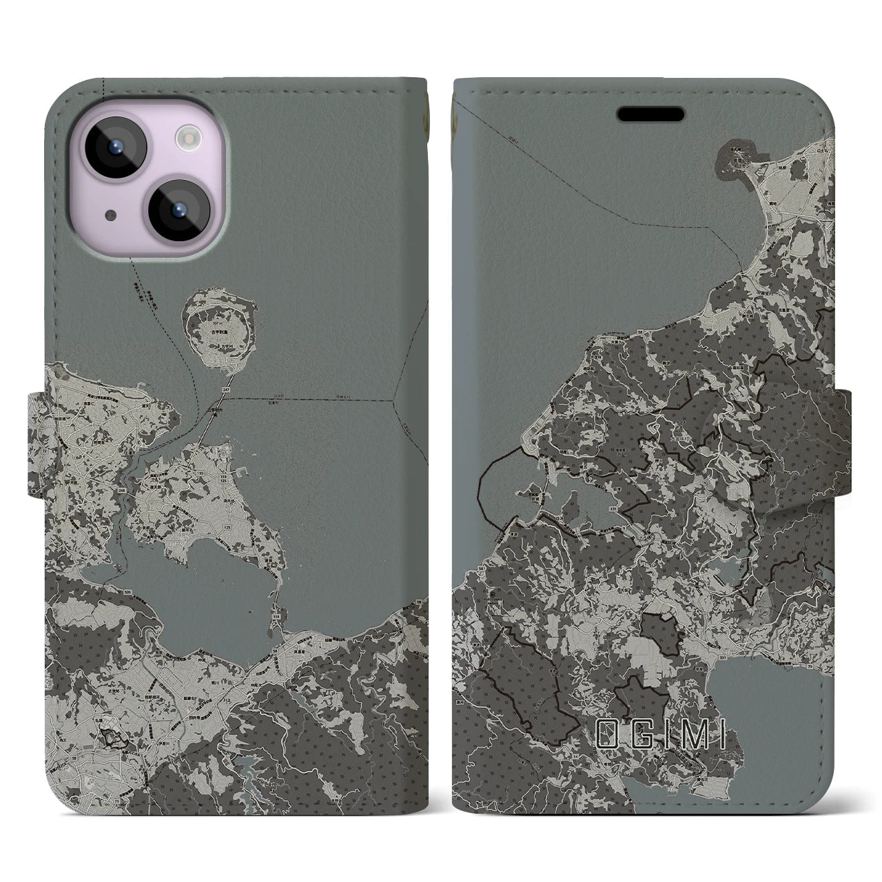 【大宜味(沖縄県)】地図柄iPhoneケース(手帳タイプ)モノトーン・iPhone 14 用