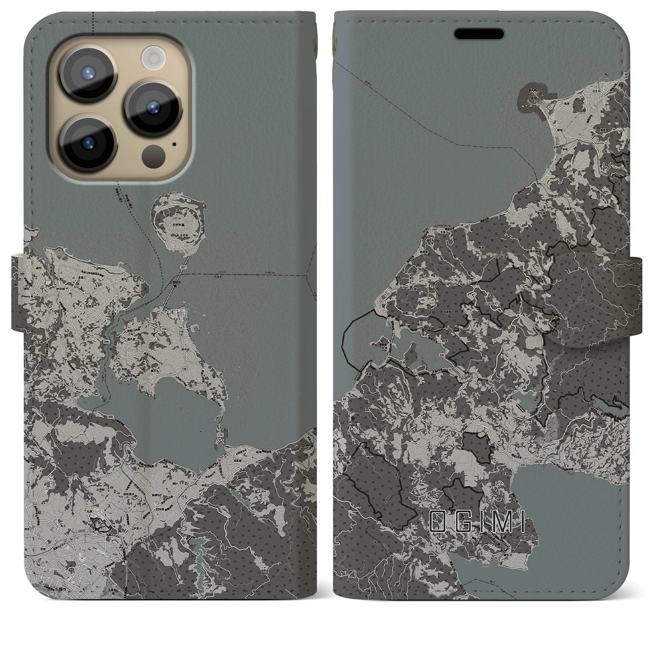 【大宜味(沖縄県)】地図柄iPhoneケース(手帳タイプ)モノトーン・iPhone 14 Pro Max 用
