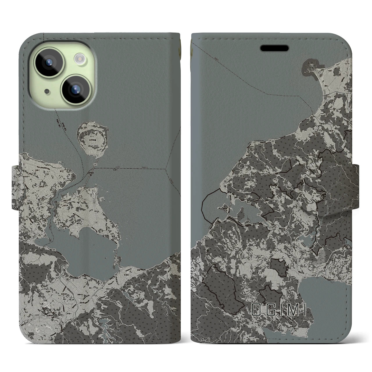 【大宜味(沖縄県)】地図柄iPhoneケース(手帳タイプ)モノトーン・iPhone 15 用