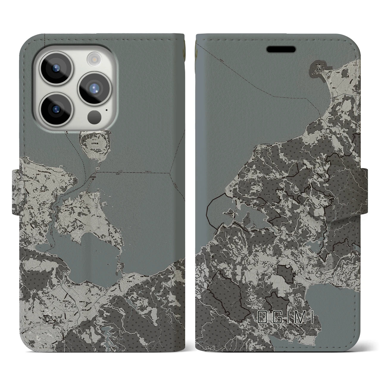 【大宜味(沖縄県)】地図柄iPhoneケース(手帳タイプ)モノトーン・iPhone 15 Pro 用