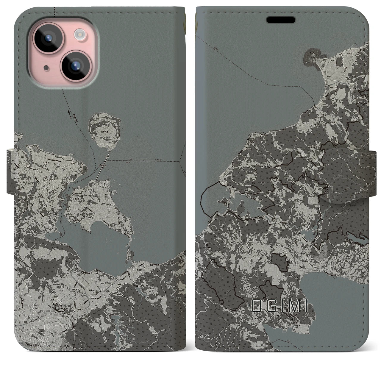【大宜味(沖縄県)】地図柄iPhoneケース(手帳タイプ)モノトーン・iPhone 15 Plus 用