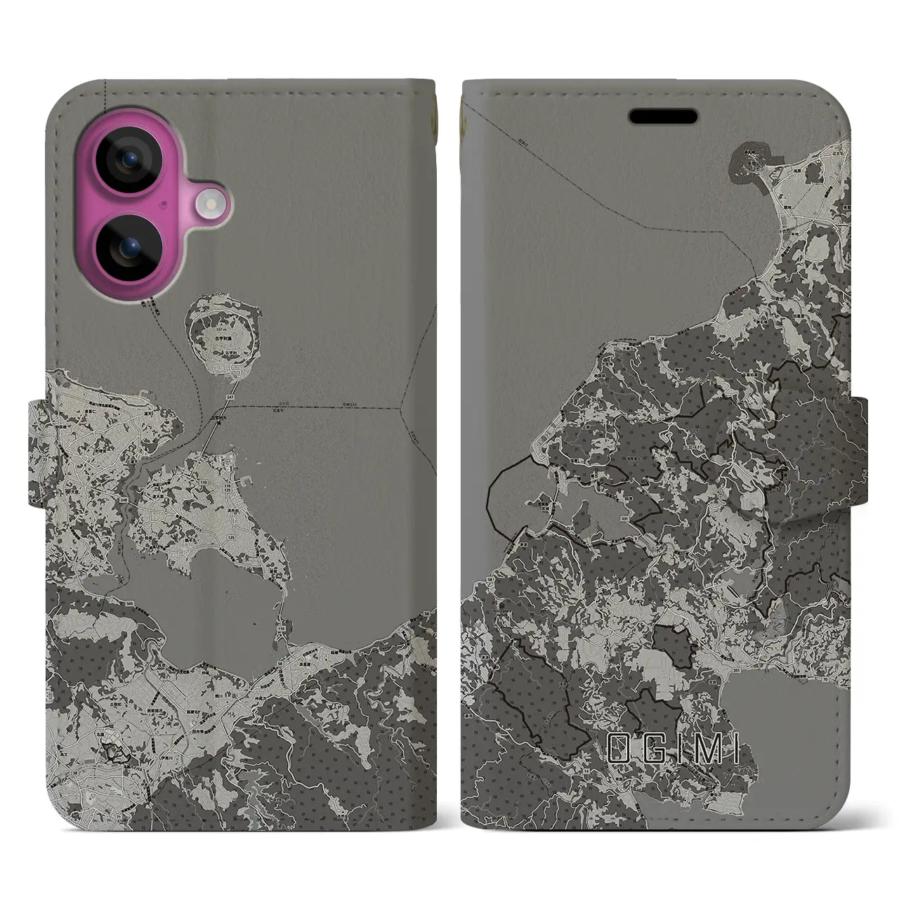 【大宜味(沖縄県)】地図柄iPhoneケース(手帳タイプ)モノトーン・iPhone 16 Pro 用
