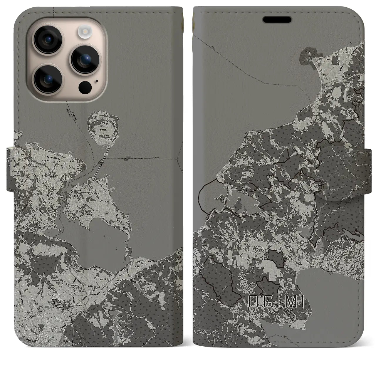 【大宜味(沖縄県)】地図柄iPhoneケース(手帳タイプ)モノトーン・iPhone 16 Plus 用