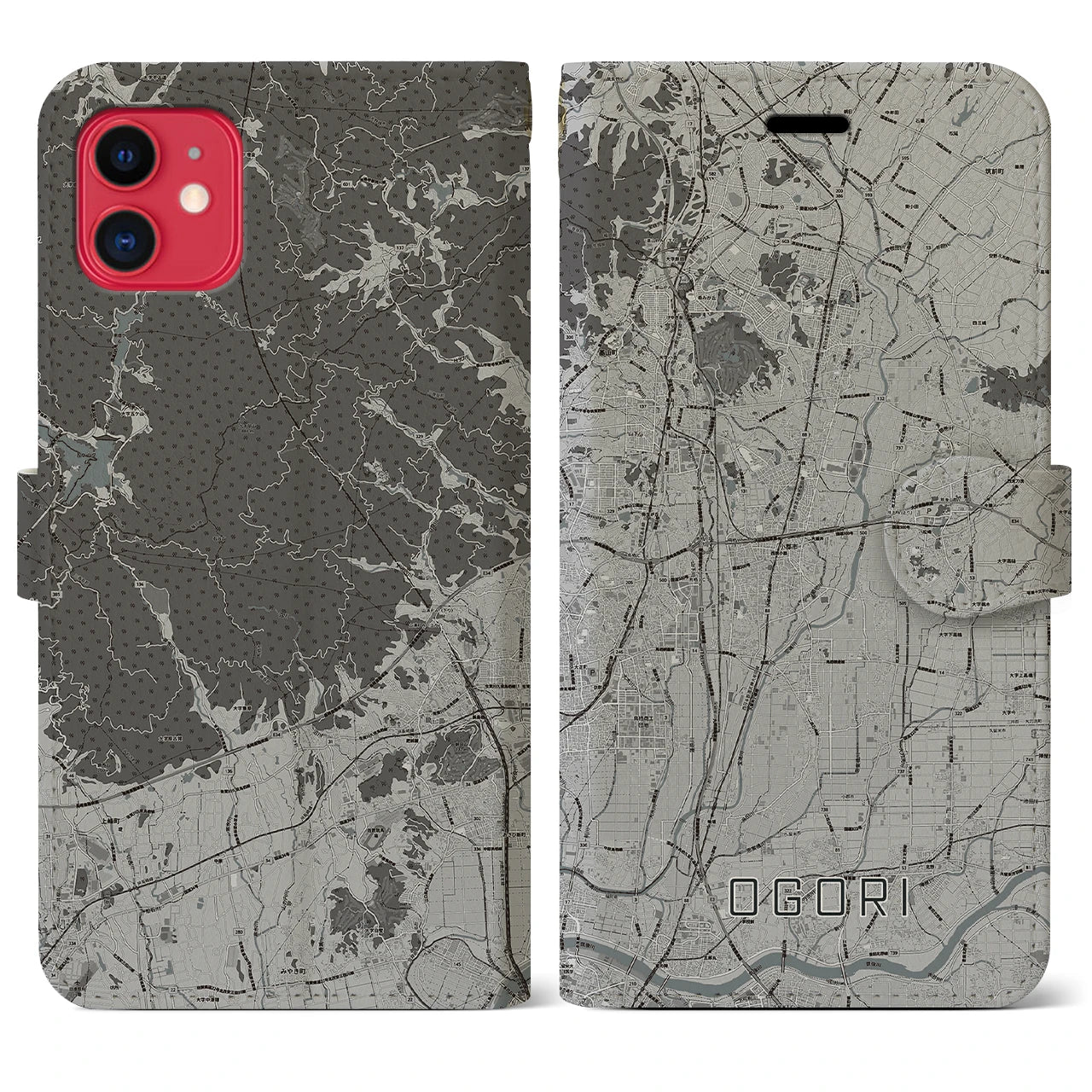 【小郡(福岡県)】地図柄iPhoneケース(手帳タイプ)モノトーン・iPhone 11 用