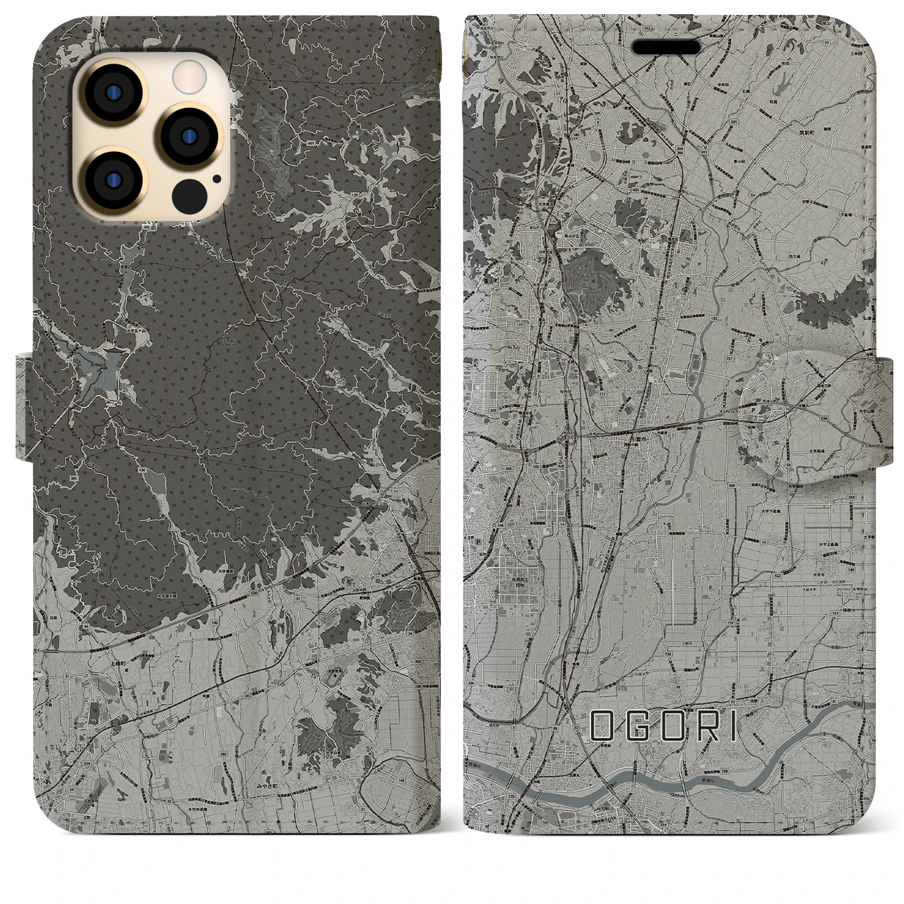 【小郡(福岡県)】地図柄iPhoneケース(手帳タイプ)モノトーン・iPhone 12 Pro Max 用