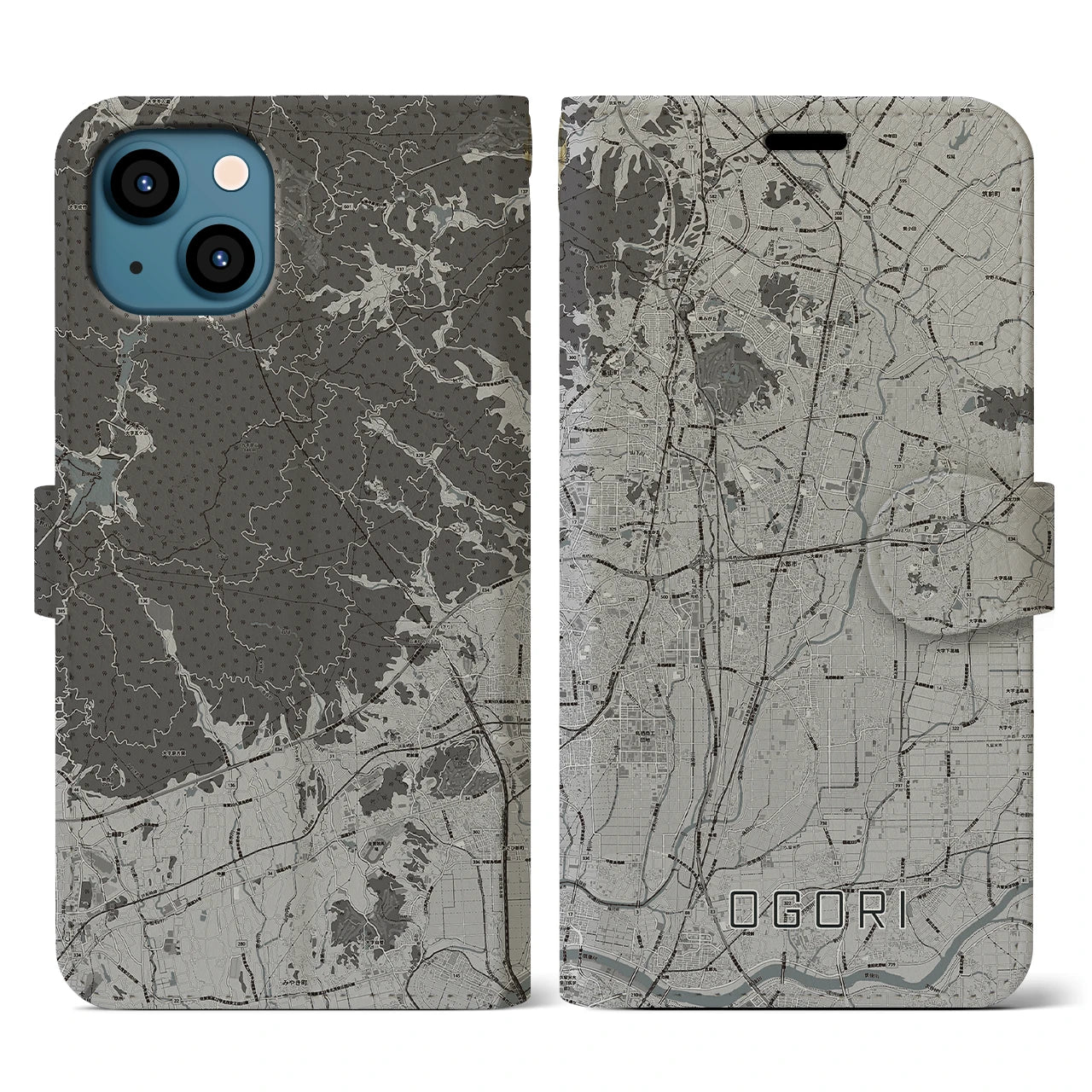 【小郡(福岡県)】地図柄iPhoneケース(手帳タイプ)モノトーン・iPhone 13 用