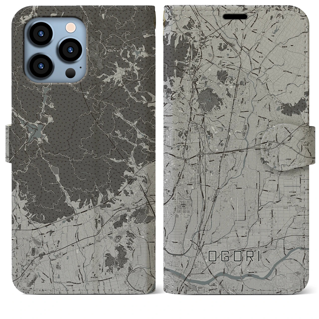 【小郡(福岡県)】地図柄iPhoneケース(手帳タイプ)モノトーン・iPhone 13 Pro Max 用