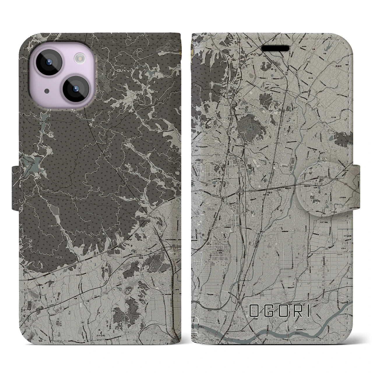 【小郡(福岡県)】地図柄iPhoneケース(手帳タイプ)モノトーン・iPhone 14 用