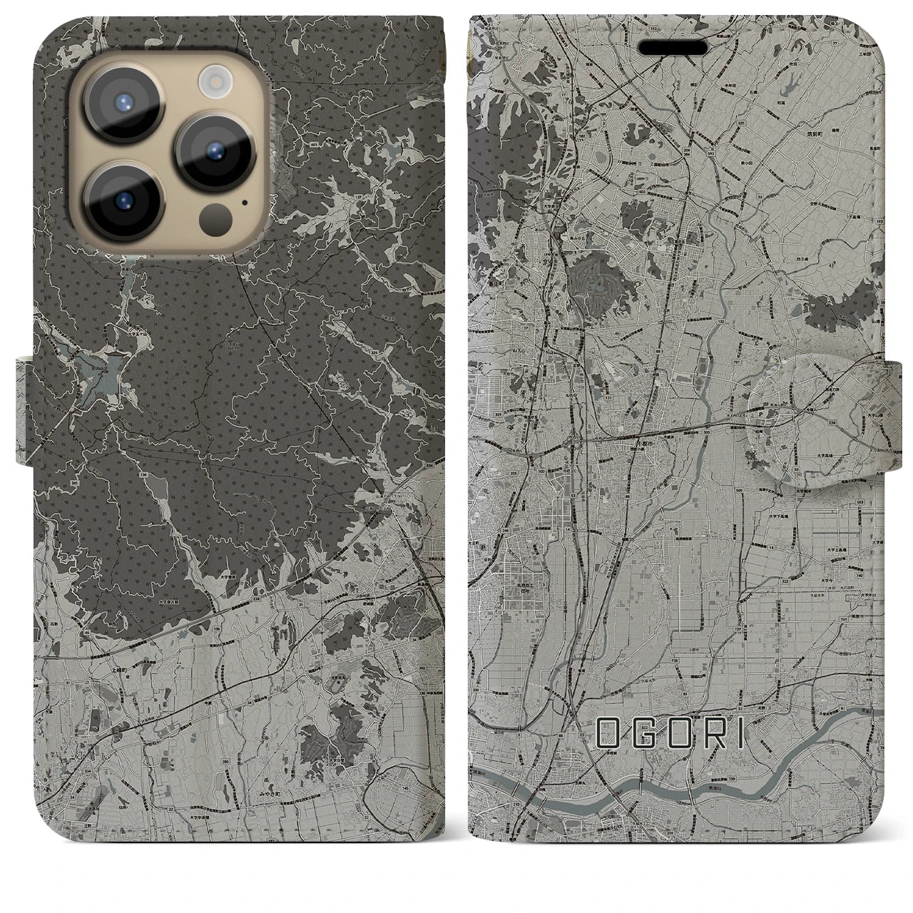 【小郡(福岡県)】地図柄iPhoneケース(手帳タイプ)モノトーン・iPhone 14 Pro Max 用