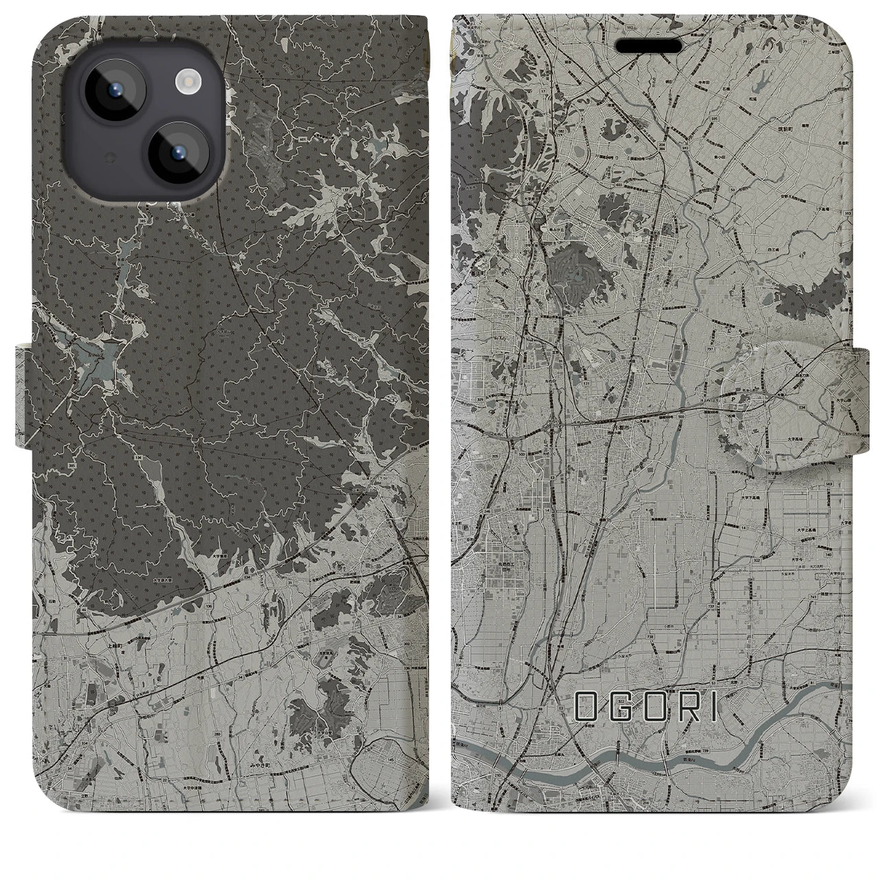 【小郡(福岡県)】地図柄iPhoneケース(手帳タイプ)モノトーン・iPhone 14 Plus 用