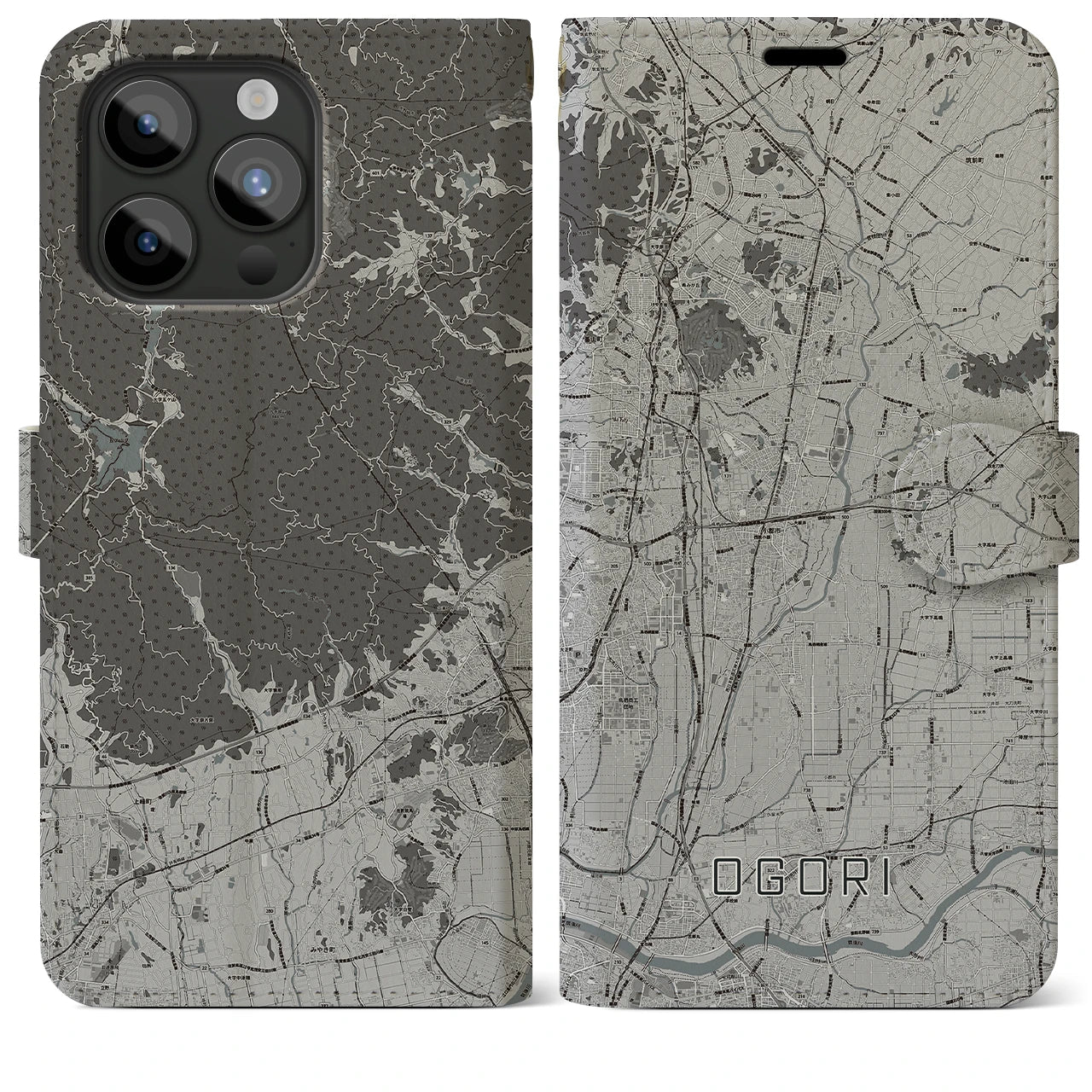 【小郡(福岡県)】地図柄iPhoneケース(手帳タイプ)モノトーン・iPhone 15 Pro Max 用