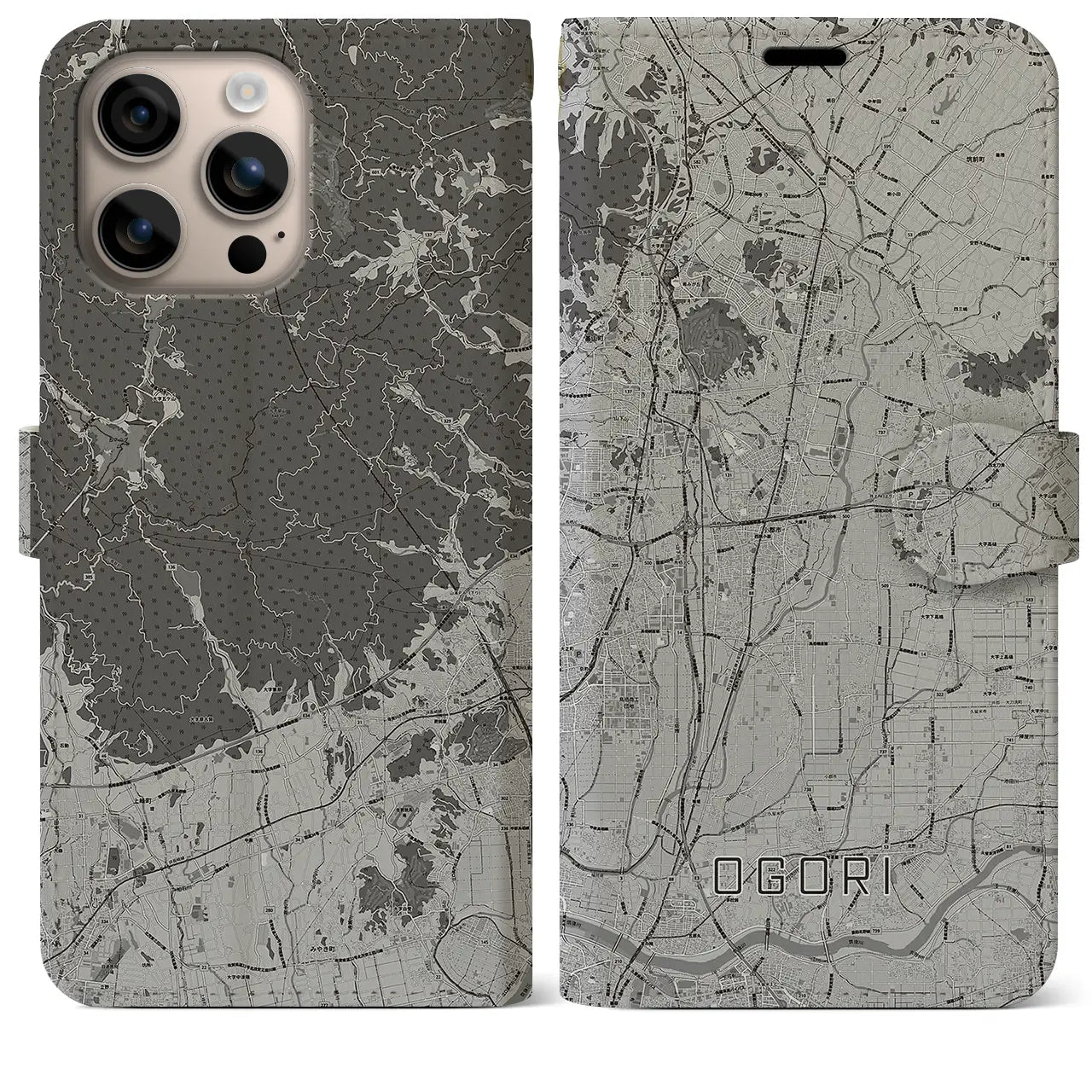 【小郡(福岡県)】地図柄iPhoneケース(手帳タイプ)モノトーン・iPhone 16 Plus 用
