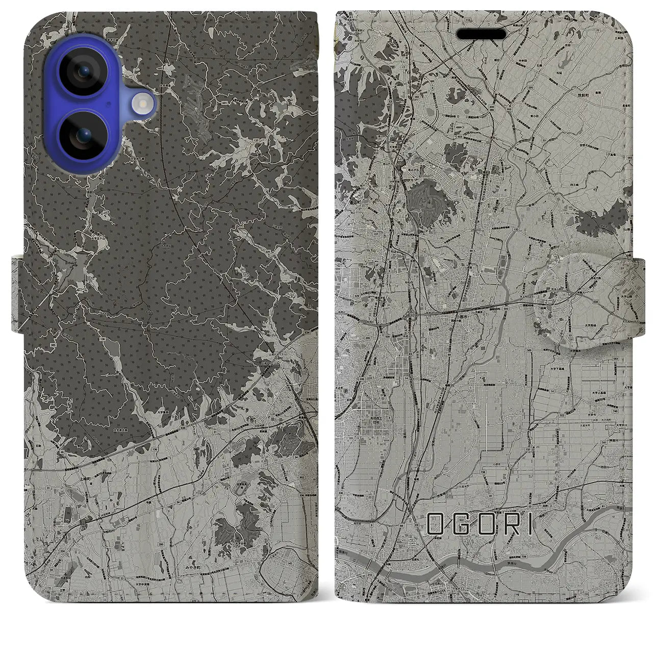 【小郡(福岡県)】地図柄iPhoneケース(手帳タイプ)モノトーン・iPhone 16 Pro Max 用