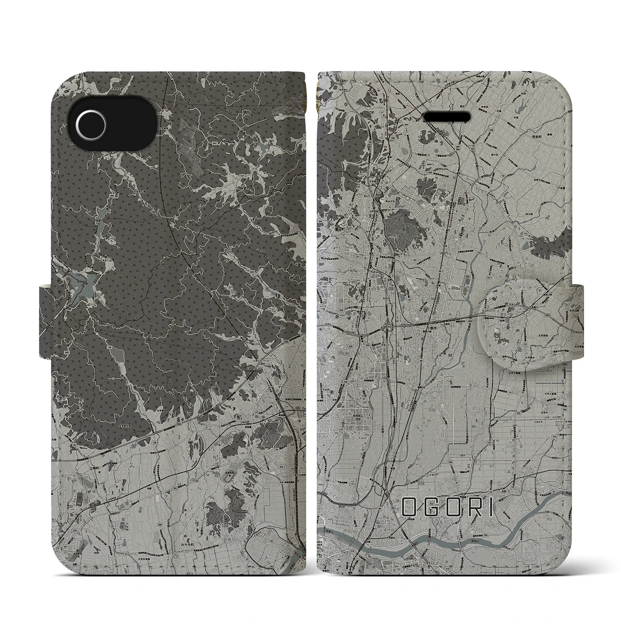 【小郡(福岡県)】地図柄iPhoneケース(手帳タイプ)モノトーン・iPhone SE(第3 / 第2世代) / 8 / 7 / 6s / 6 用