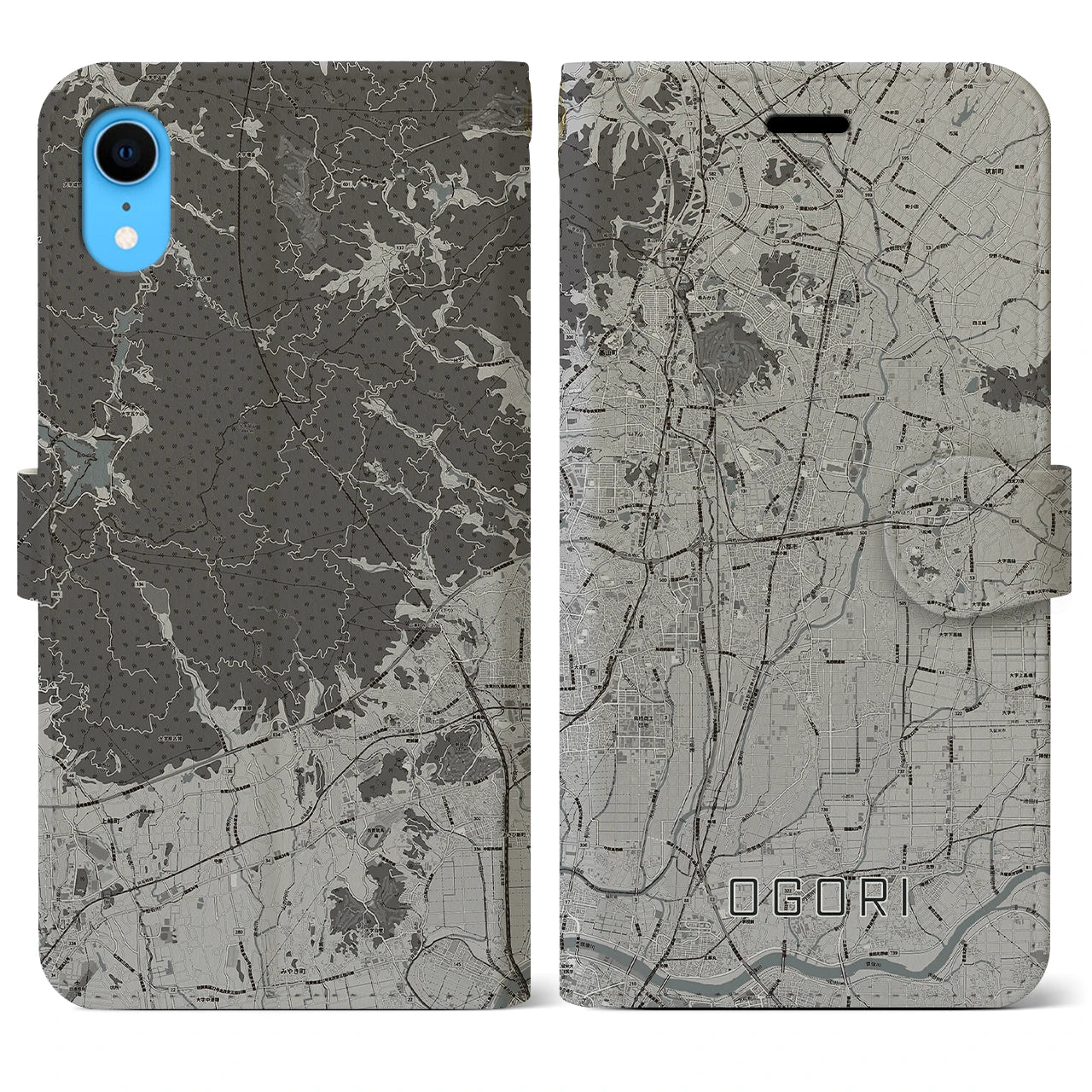【小郡(福岡県)】地図柄iPhoneケース(手帳タイプ)モノトーン・iPhone XR 用