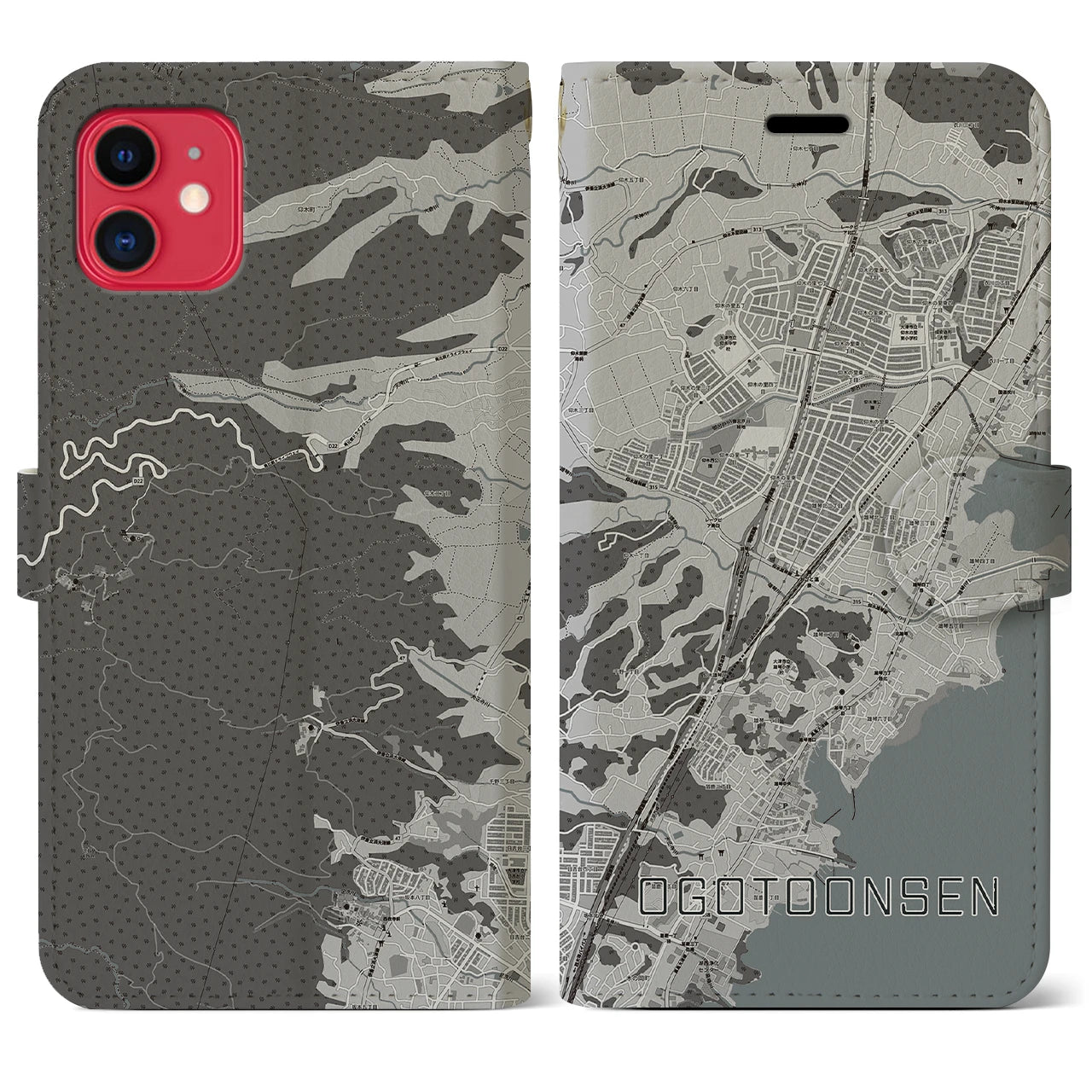 【おごと温泉(滋賀県)】地図柄iPhoneケース(手帳タイプ)モノトーン・iPhone 11 用