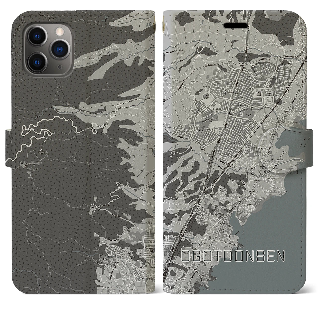 【おごと温泉(滋賀県)】地図柄iPhoneケース(手帳タイプ)モノトーン・iPhone 11 Pro Max 用