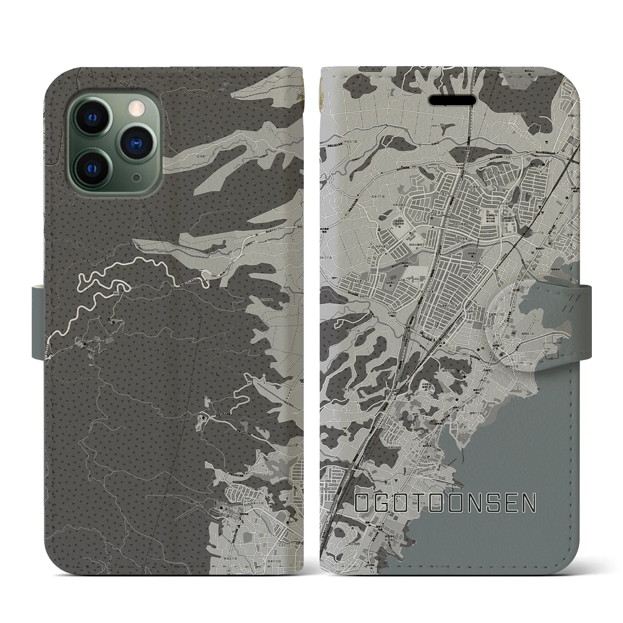 【おごと温泉(滋賀県)】地図柄iPhoneケース(手帳タイプ)モノトーン・iPhone 11 Pro 用