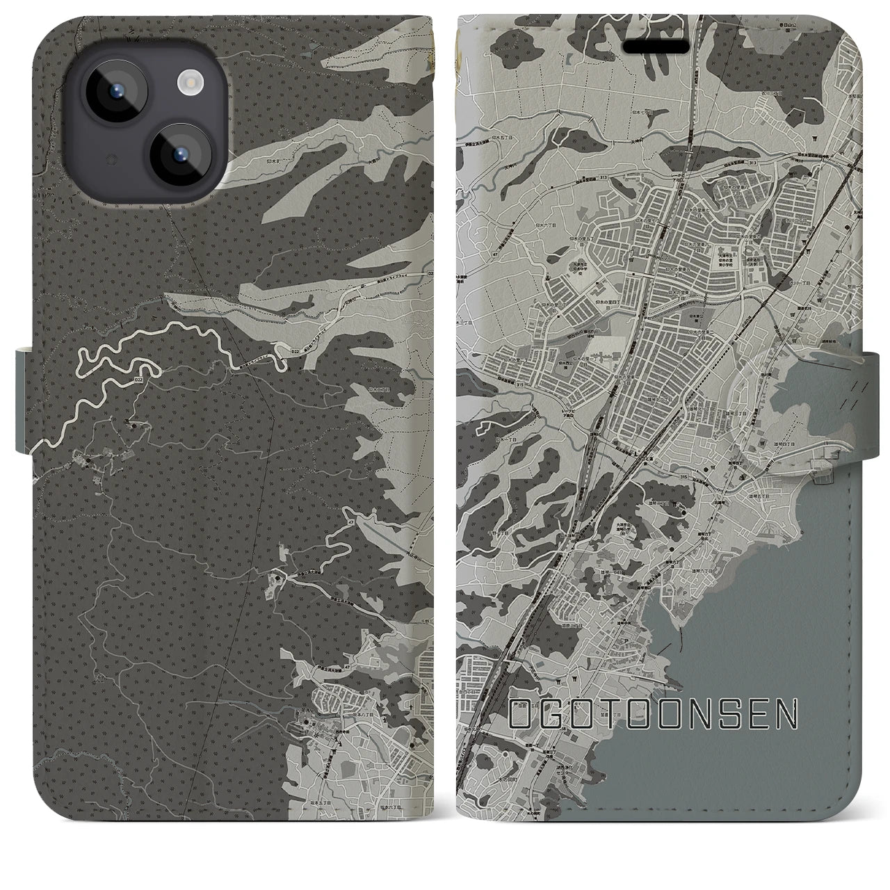 【おごと温泉(滋賀県)】地図柄iPhoneケース(手帳タイプ)モノトーン・iPhone 14 Plus 用