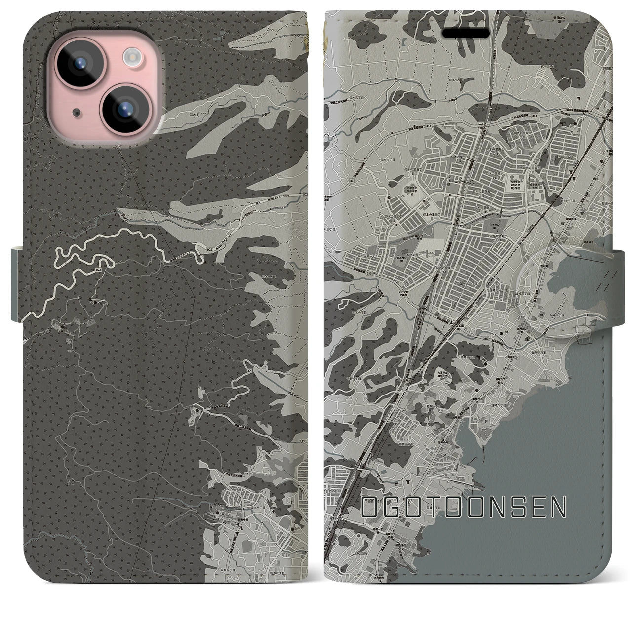 【おごと温泉(滋賀県)】地図柄iPhoneケース(手帳タイプ)モノトーン・iPhone 15 Plus 用