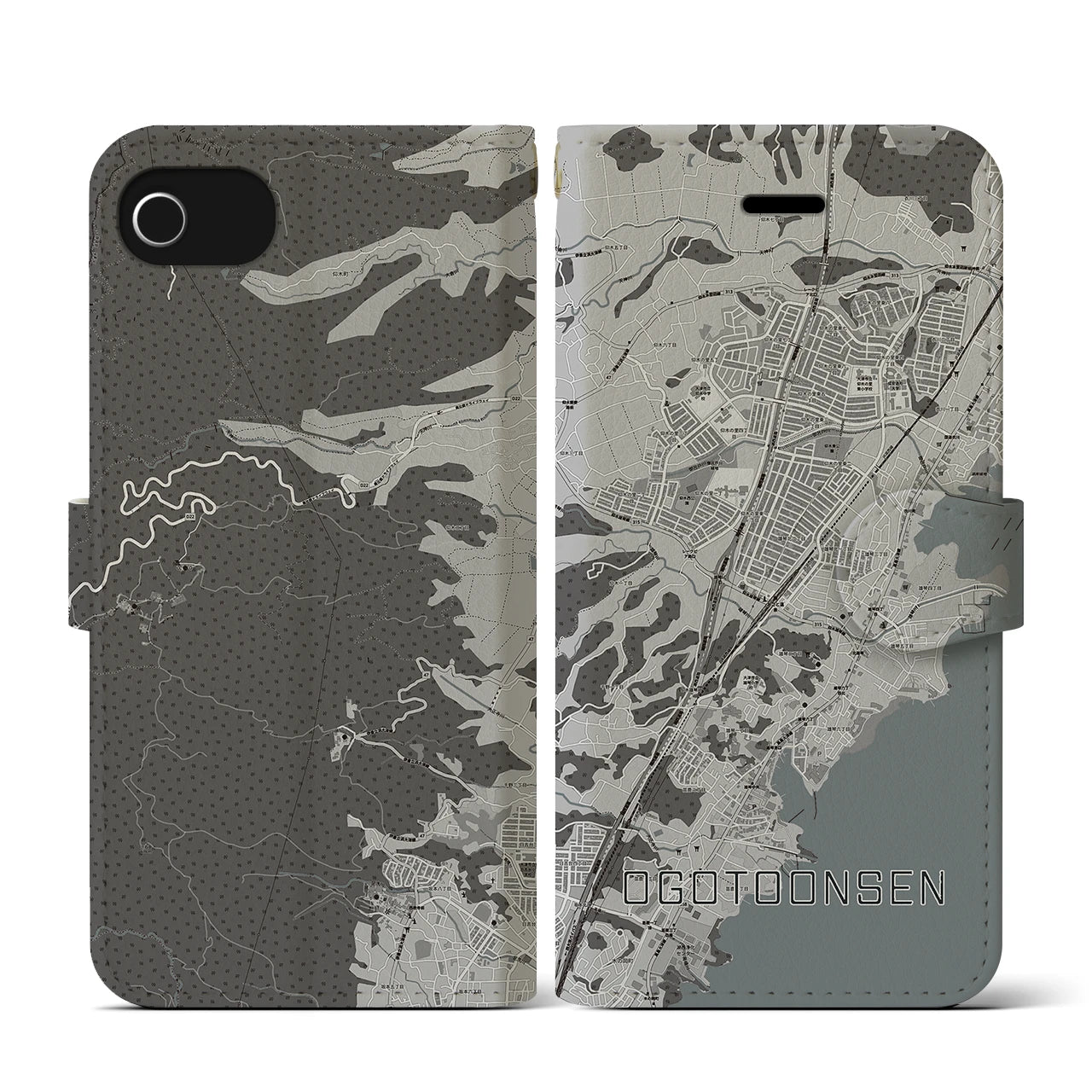 【おごと温泉(滋賀県)】地図柄iPhoneケース(手帳タイプ)モノトーン・iPhone SE(第3 / 第2世代) / 8 / 7 / 6s / 6 用