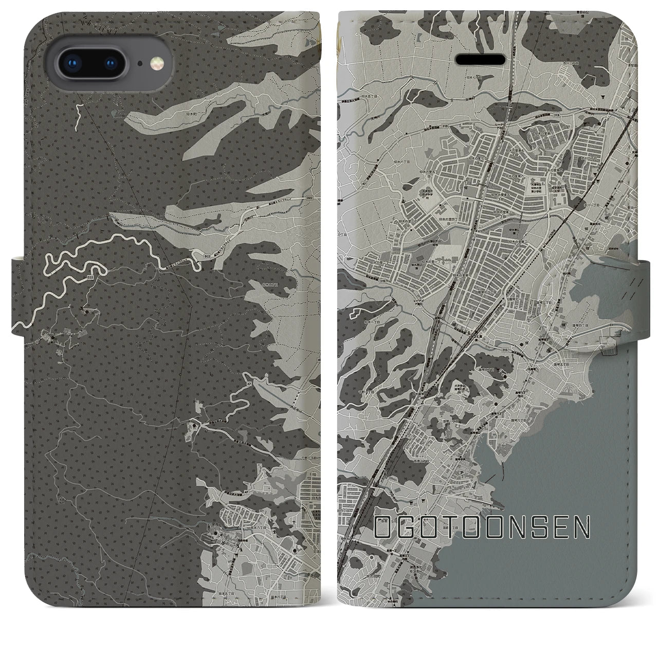 【おごと温泉(滋賀県)】地図柄iPhoneケース(手帳タイプ)モノトーン・iPhone 8Plus /7Plus / 6sPlus / 6Plus 用