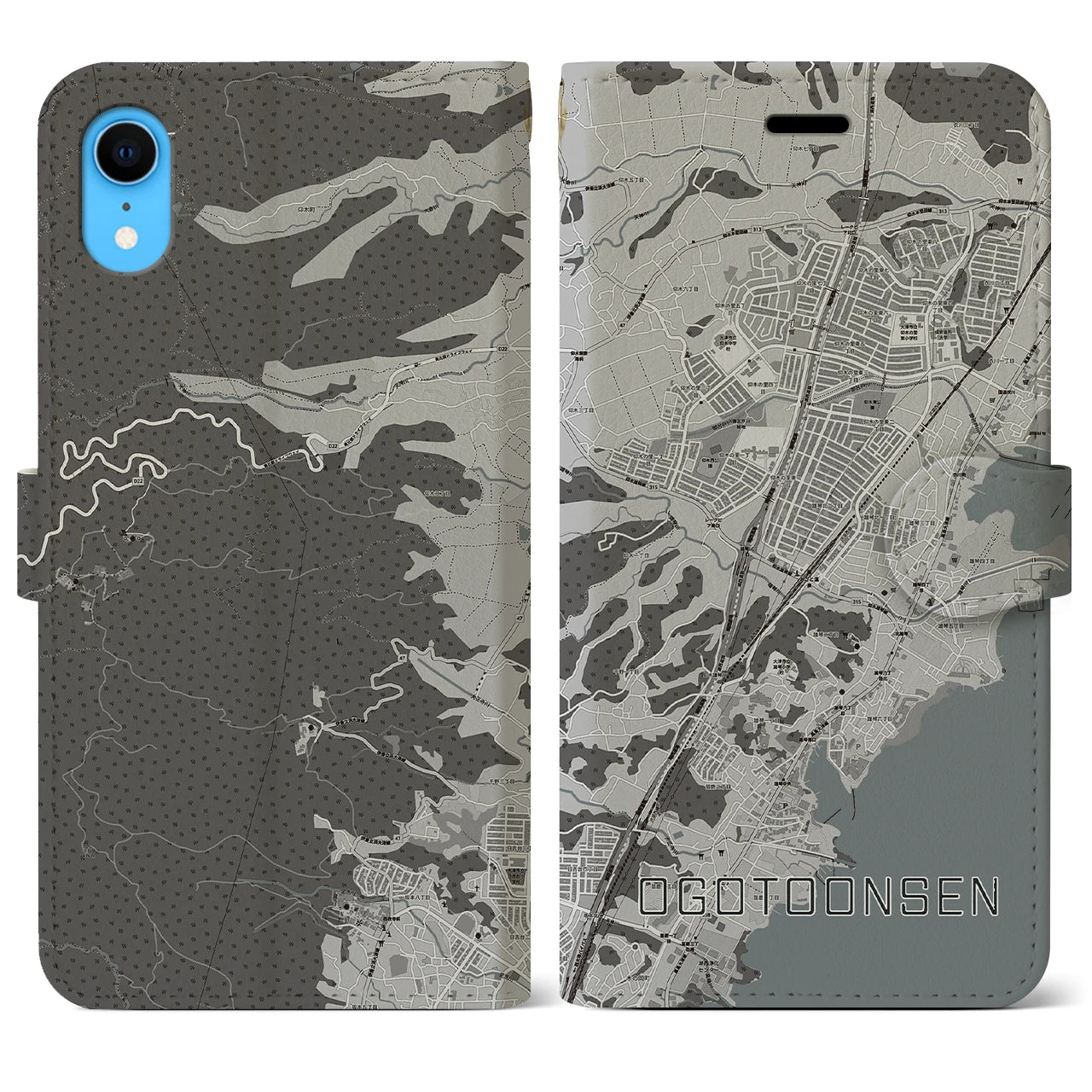 【おごと温泉(滋賀県)】地図柄iPhoneケース(手帳タイプ)モノトーン・iPhone XR 用