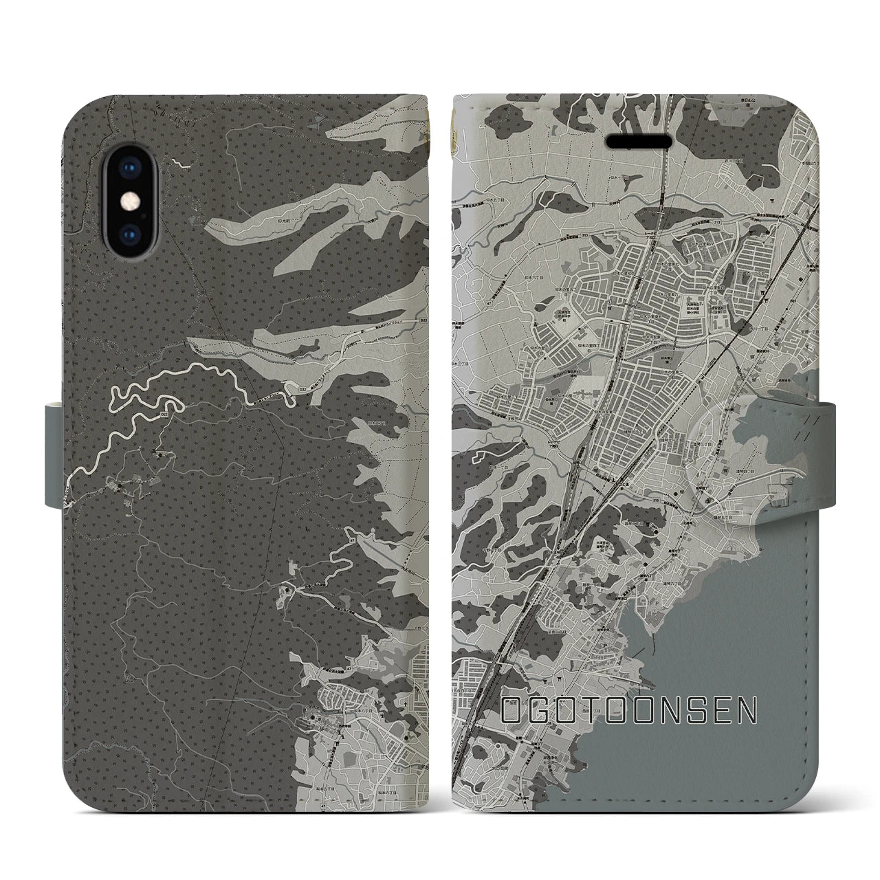 【おごと温泉(滋賀県)】地図柄iPhoneケース(手帳タイプ)モノトーン・iPhone XS / X 用