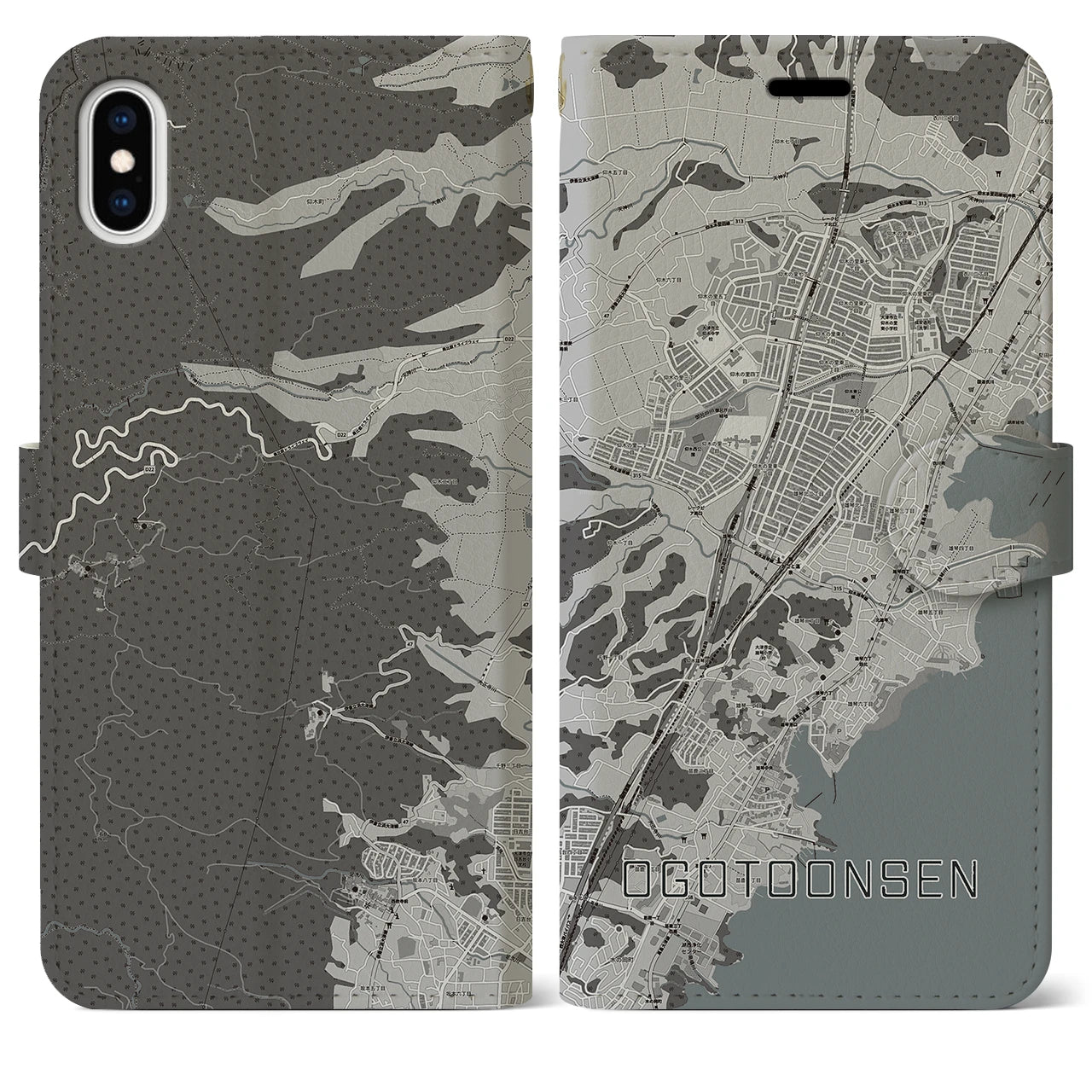 【おごと温泉(滋賀県)】地図柄iPhoneケース(手帳タイプ)モノトーン・iPhone XS Max 用