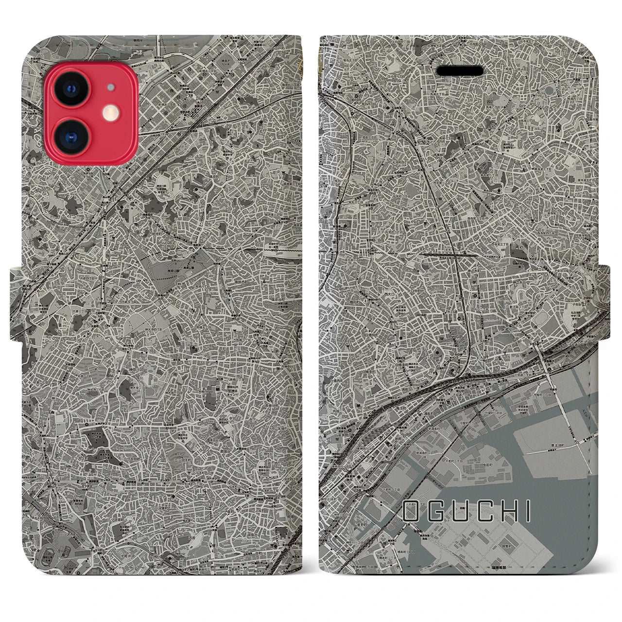 【大口(神奈川県)】地図柄iPhoneケース(手帳タイプ)モノトーン・iPhone 11 用