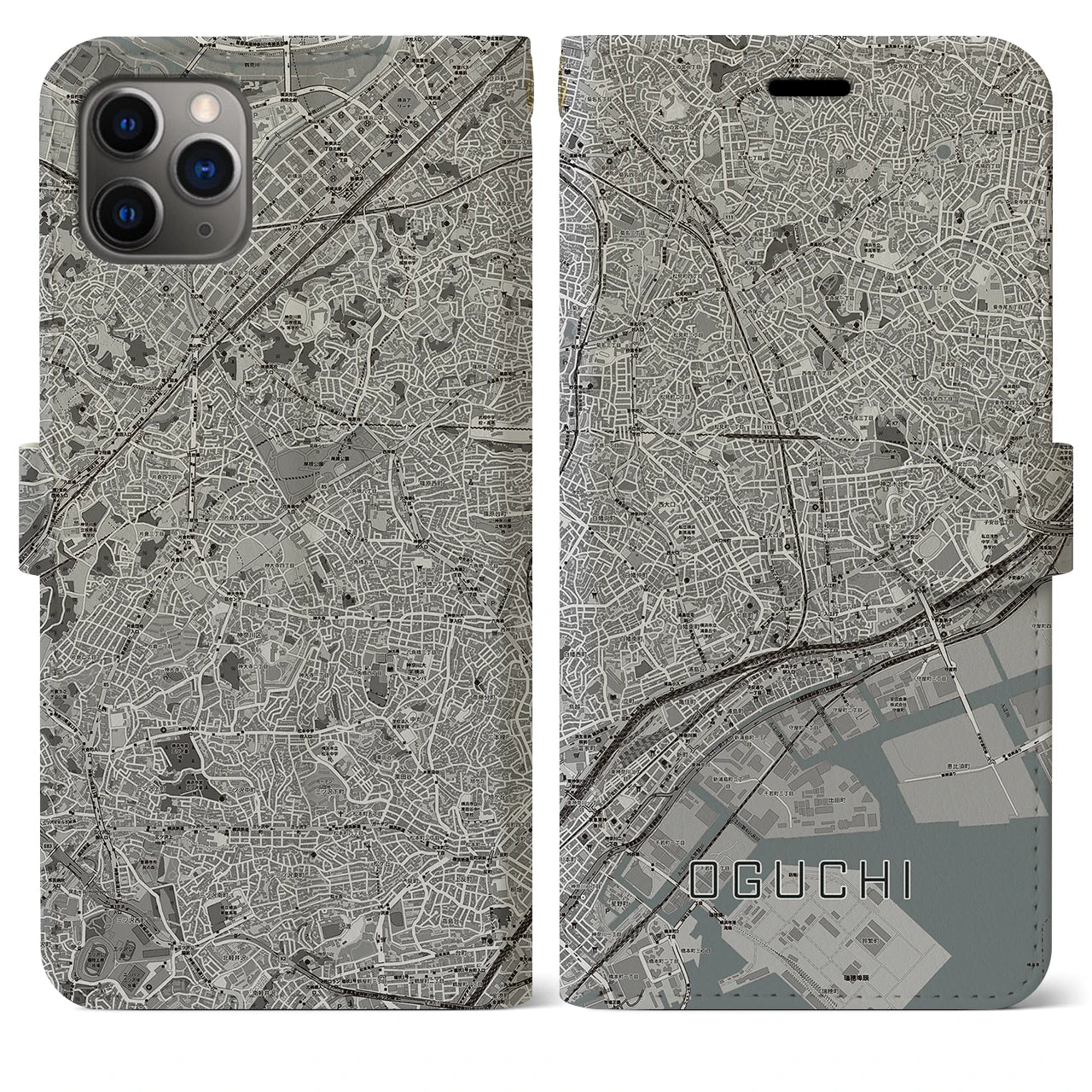 【大口(神奈川県)】地図柄iPhoneケース(手帳タイプ)モノトーン・iPhone 11 Pro Max 用