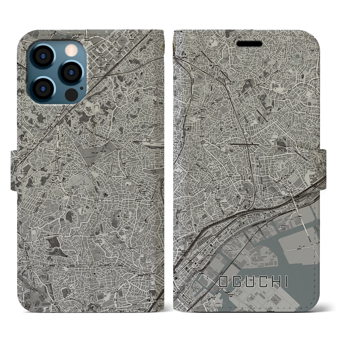 【大口(神奈川県)】地図柄iPhoneケース(手帳タイプ)モノトーン・iPhone 12 / 12 Pro 用