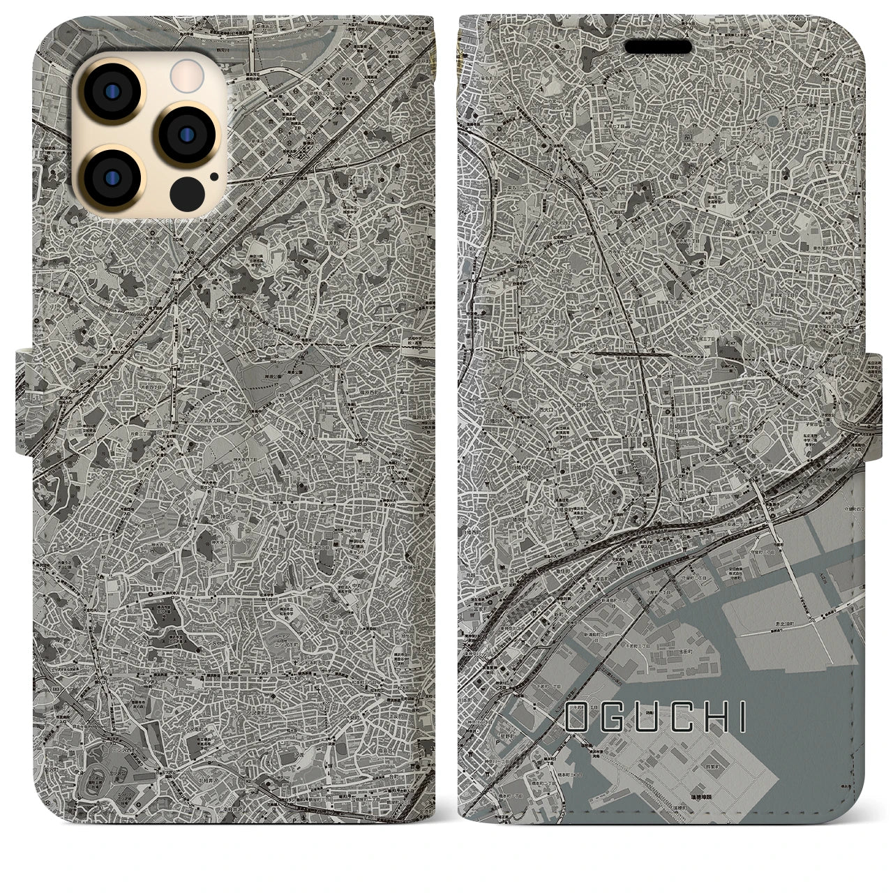 【大口(神奈川県)】地図柄iPhoneケース(手帳タイプ)モノトーン・iPhone 12 Pro Max 用