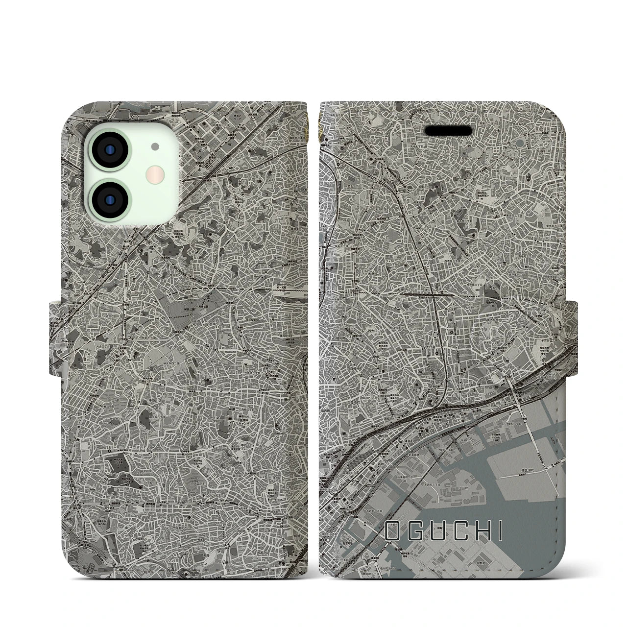 【大口(神奈川県)】地図柄iPhoneケース(手帳タイプ)モノトーン・iPhone 12 mini 用