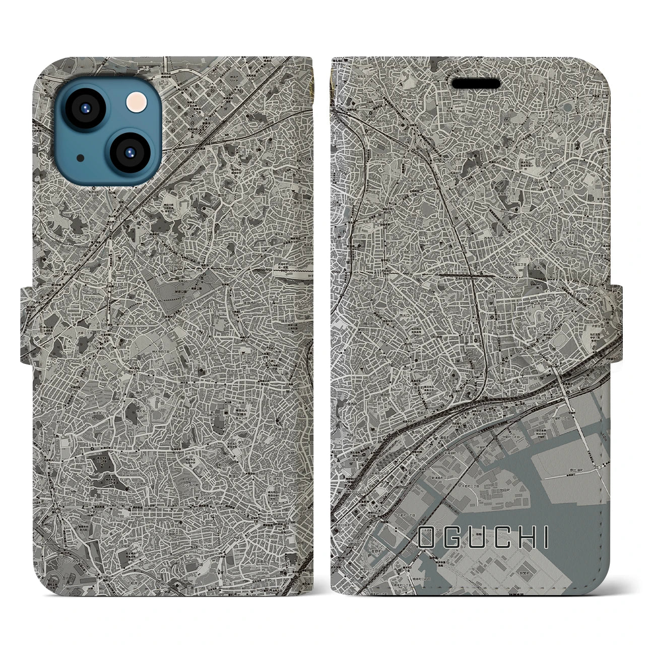 【大口(神奈川県)】地図柄iPhoneケース(手帳タイプ)モノトーン・iPhone 13 用
